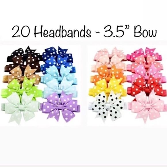 20 Rainbow Color Polka Dot Pinwheel Bow Headbands - 3.5” Bows - Picture 7 of 8
